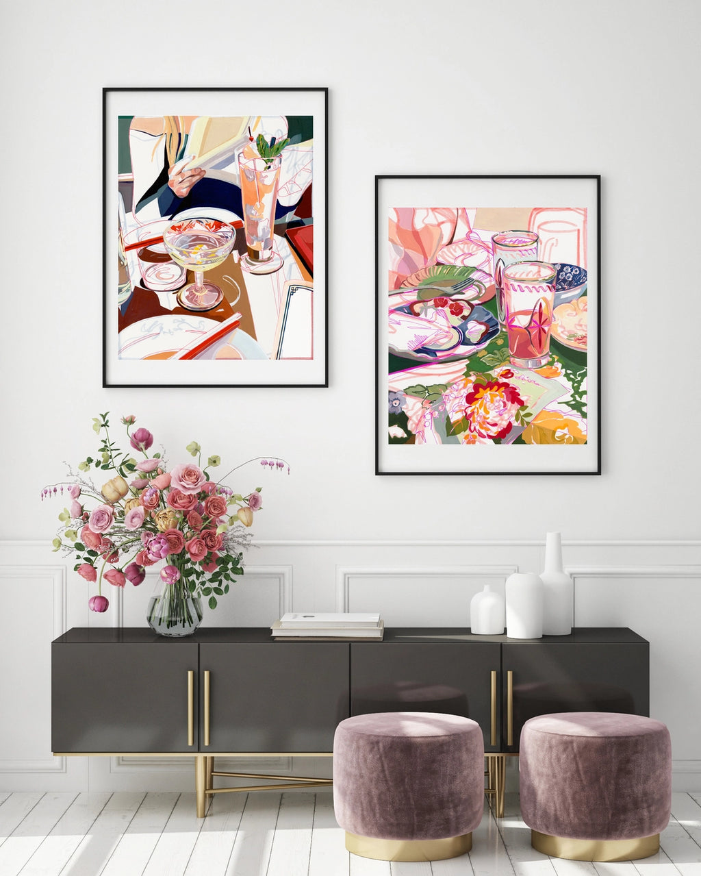 "Brunch Party" Pink Retro Still Life Signed Giclee Print: 4x6"