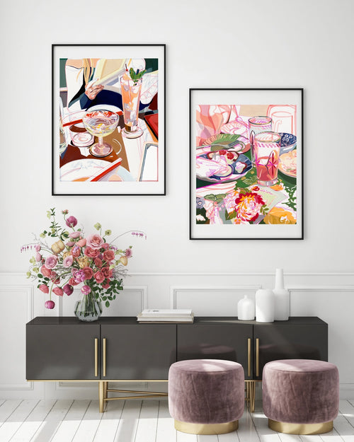 "Brunch Party" Pink Retro Still Life Signed Giclee Print: 4x6"