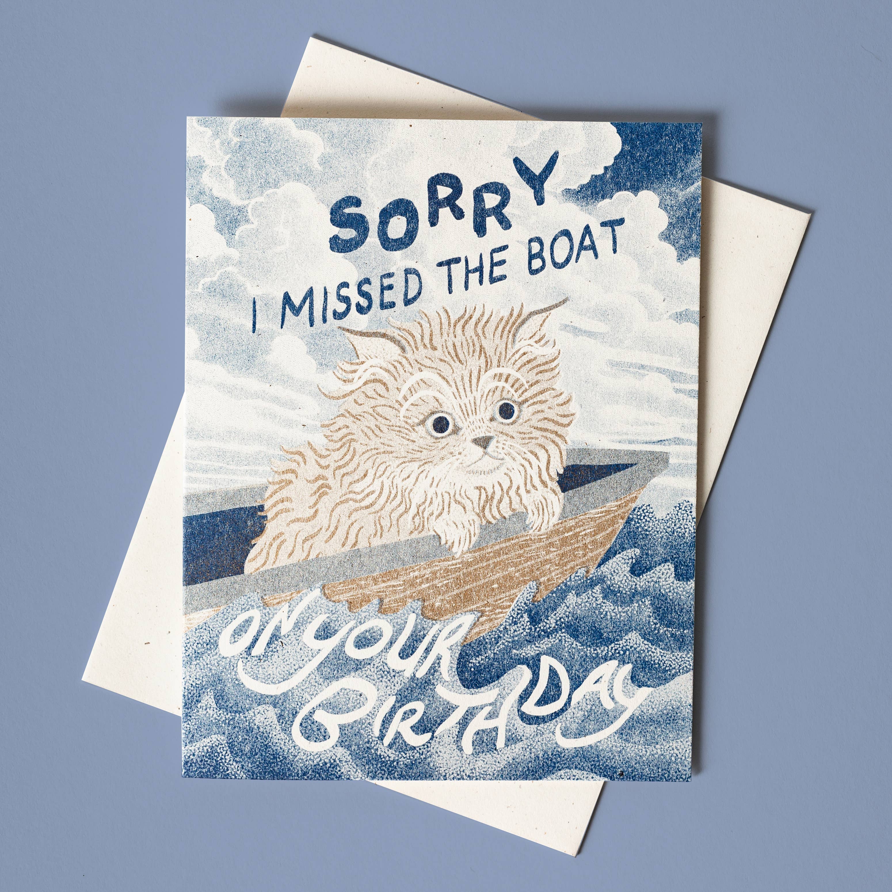 Missed the Boat Belated Birthday Cat - Risograph Card