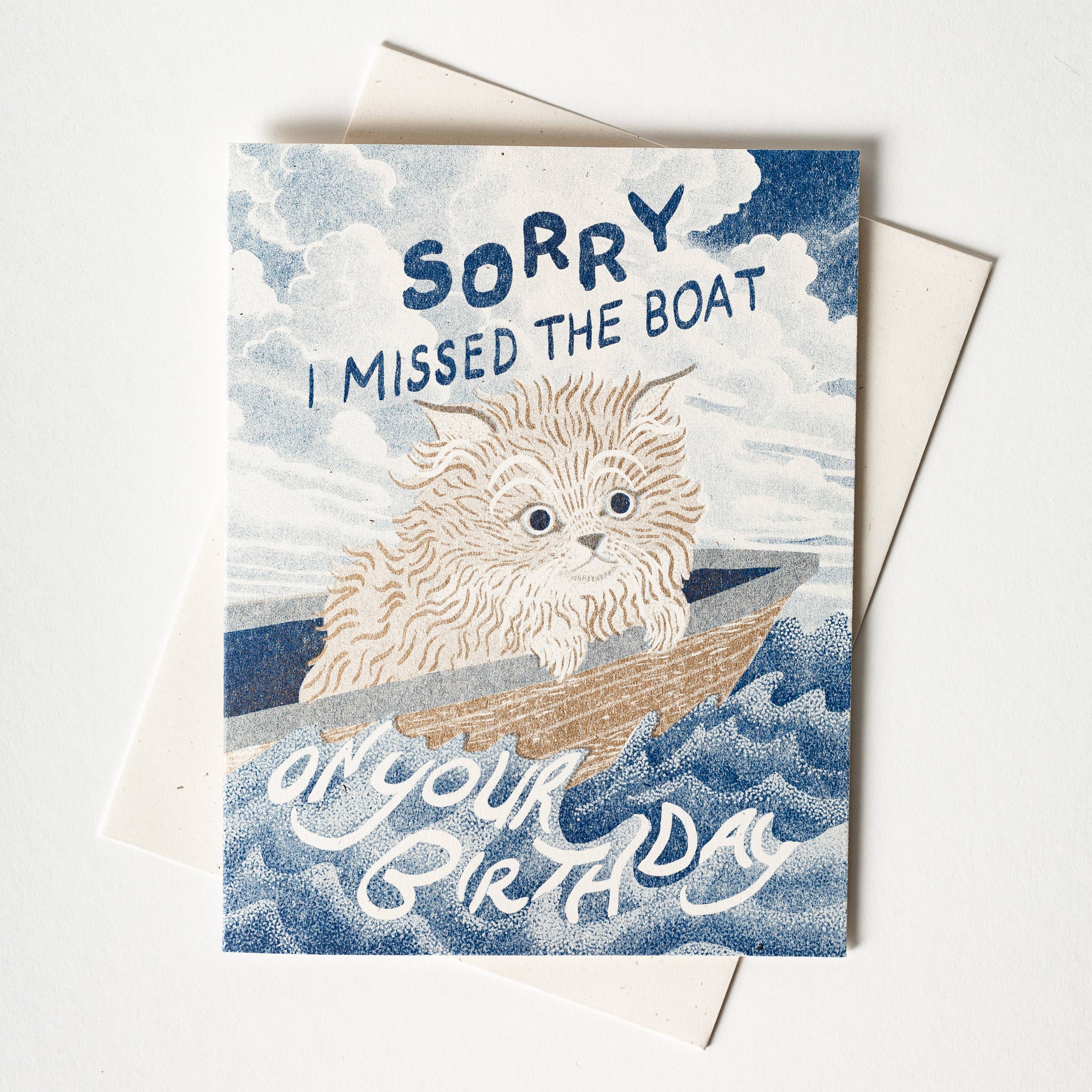 Missed the Boat Belated Birthday Cat - Risograph Card