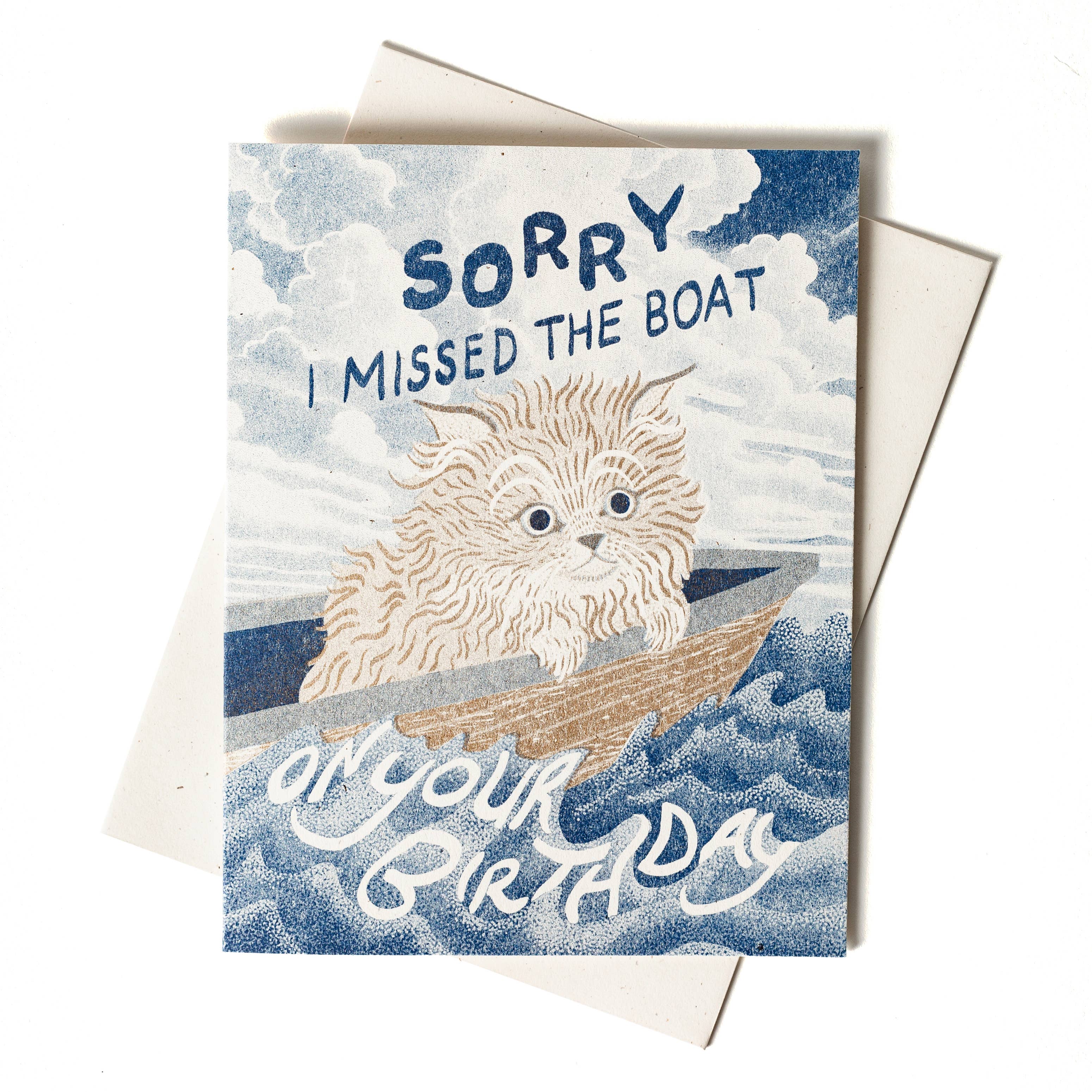 Missed the Boat Belated Birthday Cat - Risograph Card