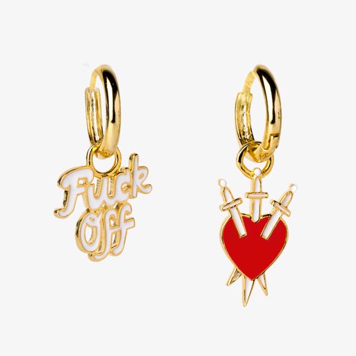 Fuck Off & Heart/Daggers Hoop Earrings - Gold Statement