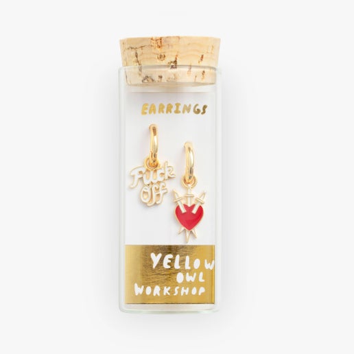 Fuck Off & Heart/Daggers Hoop Earrings - Gold Statement