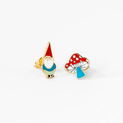 Gnome and Mushroom Earrings - Gold Cottage Core Studs