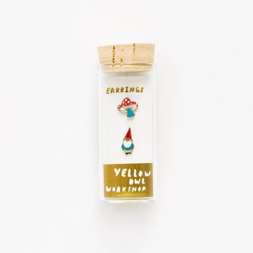 Gnome and Mushroom Earrings - Gold Cottage Core Studs